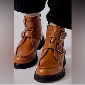 Free People Brown Double-Buckle Isla Moto Ankle Boots Leather Sz 10